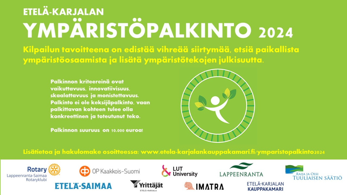 Etelä-Karjalan ympäristöpalkinto -esittelyteksti, kilpailun logo sekä yhteistyökumppaneiden logot