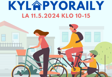 Kyläpyöräily 2024 mainos, jossa on pyöräilijöitä piirroshahmoina.