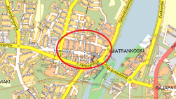 Map image of Imatrankoski and the downtown area circled in red.