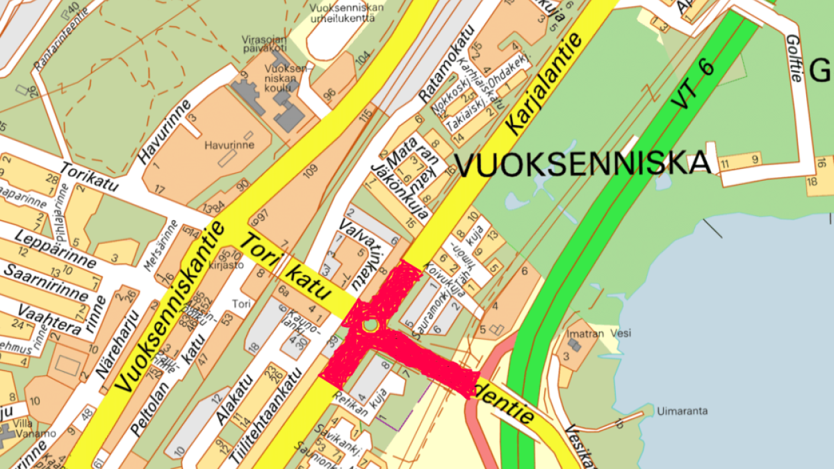 Karttakuva liikenneympyrän asfaltoinnin työmaasta punaisella merkittynä.