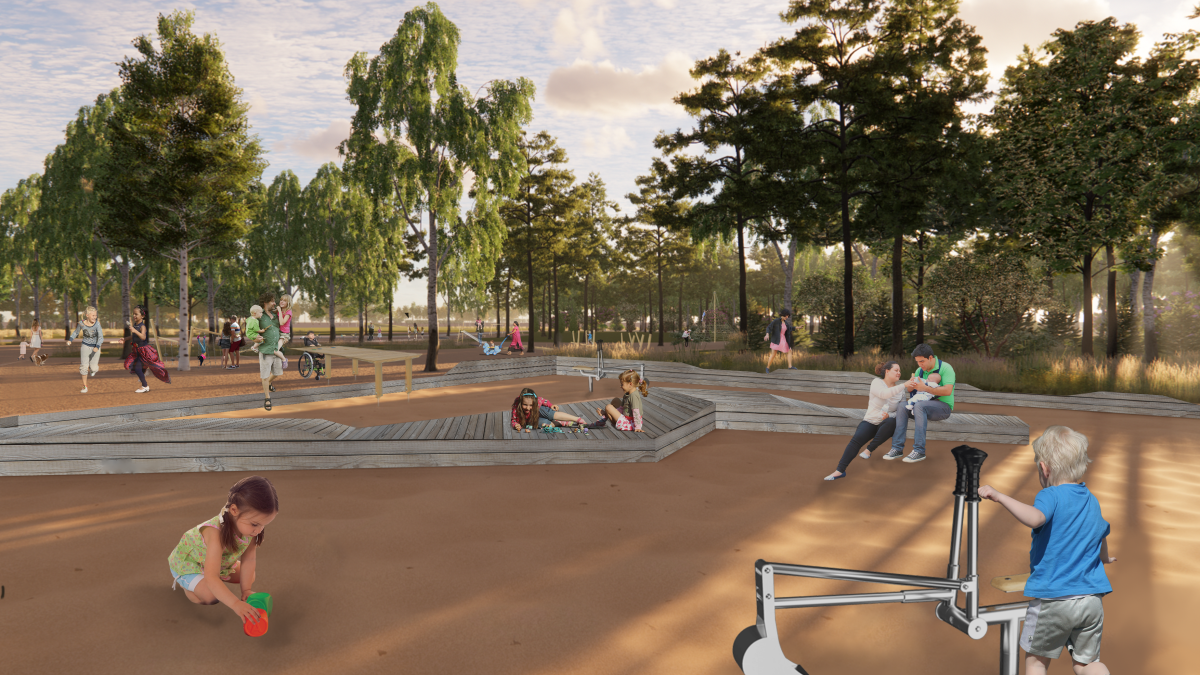playground, in the foreground a toy digger and two children, behind trees.