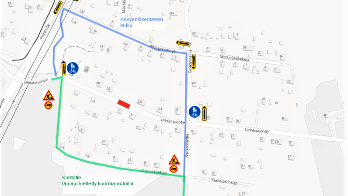 Map of Imatra's Linnansuontie traffic arrangements during the road renovation.