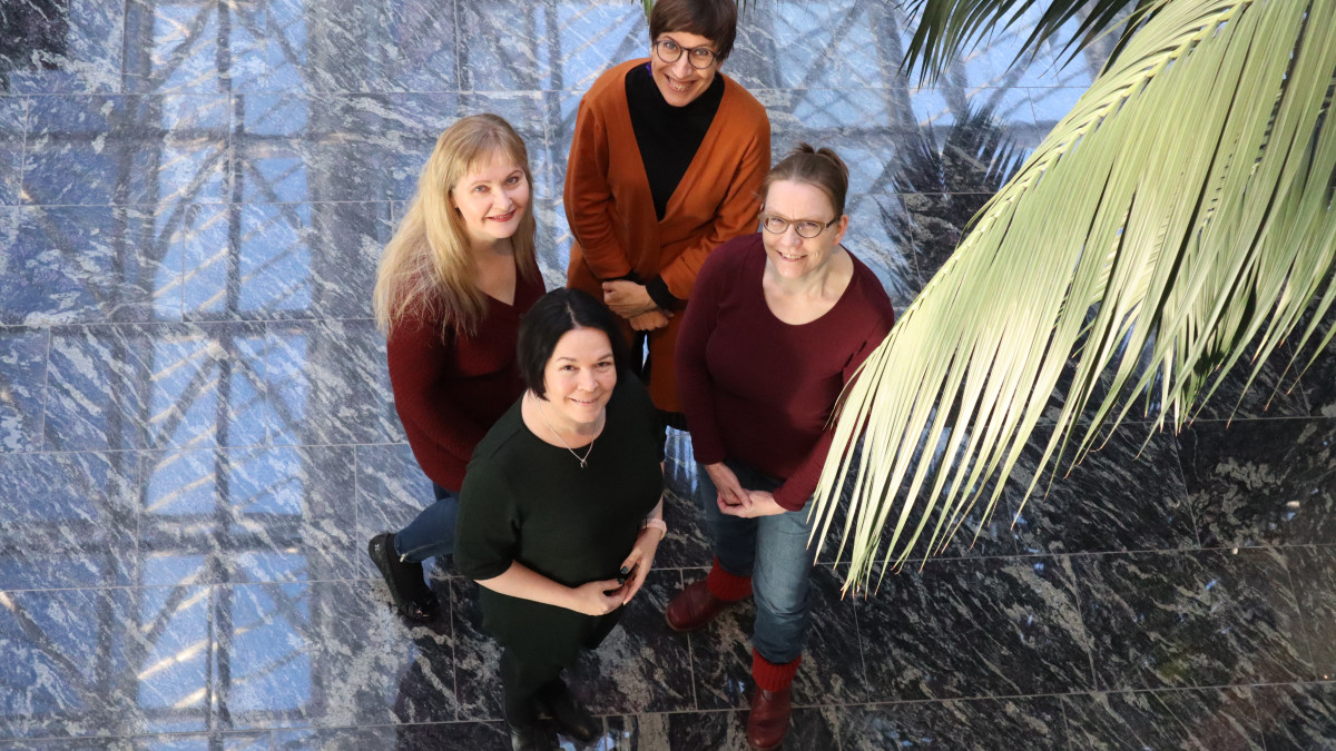 The batch museum is being built by collection manager Sari Mustajärvi (left), managing director Pia Paukku, designer Mona Taipale and project assistant Nina Kurk