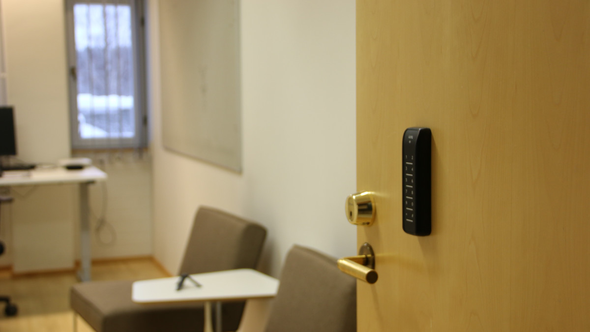 A code reader in the door leading to the office space.