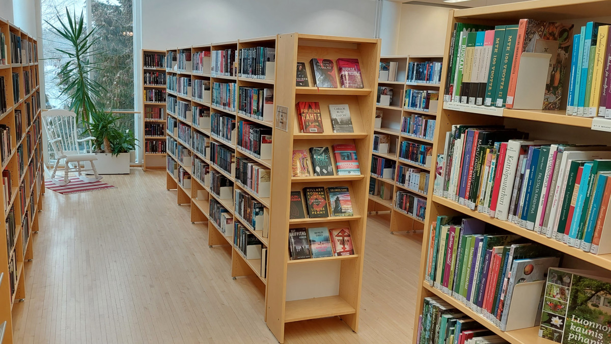 Library bookshelves.