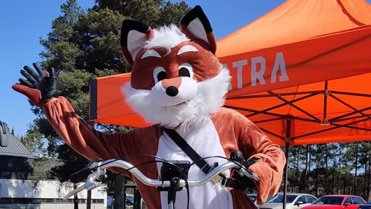A fox figure and an orange city bike in front of the Imatra tent on a sunny day.
