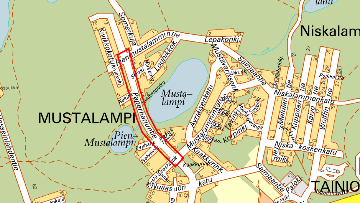 Map from Imatra, the northern end of Paperharjuntie marked with a red border.