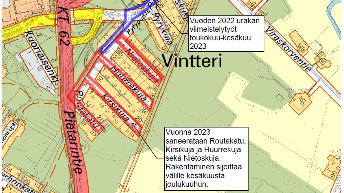 Karttakuva Imatralta, johon punaisella ja sinisellä rajatut alueet saneerataan kesällä 2023.