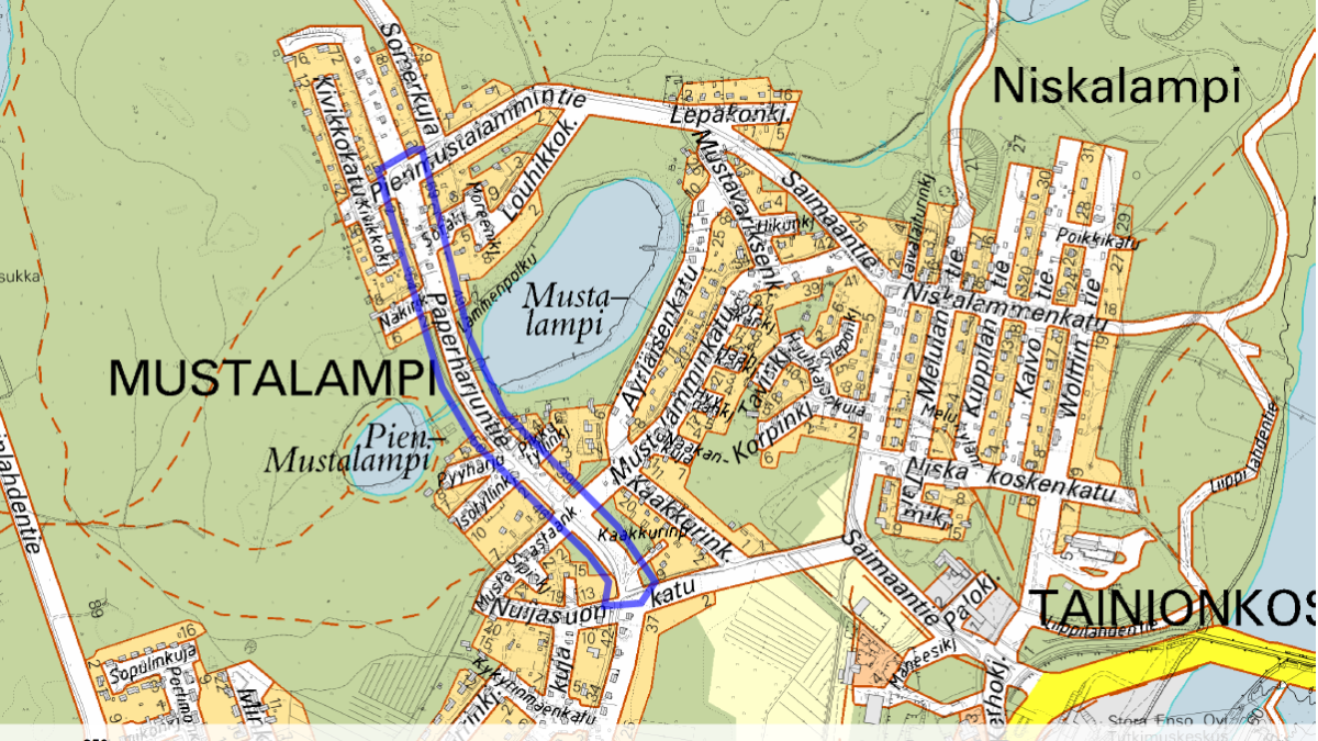 Karttakuva Imatran Mustalammen alueelta, Paperharjuntien saneerattava osa merkitty sinisellä värillä.