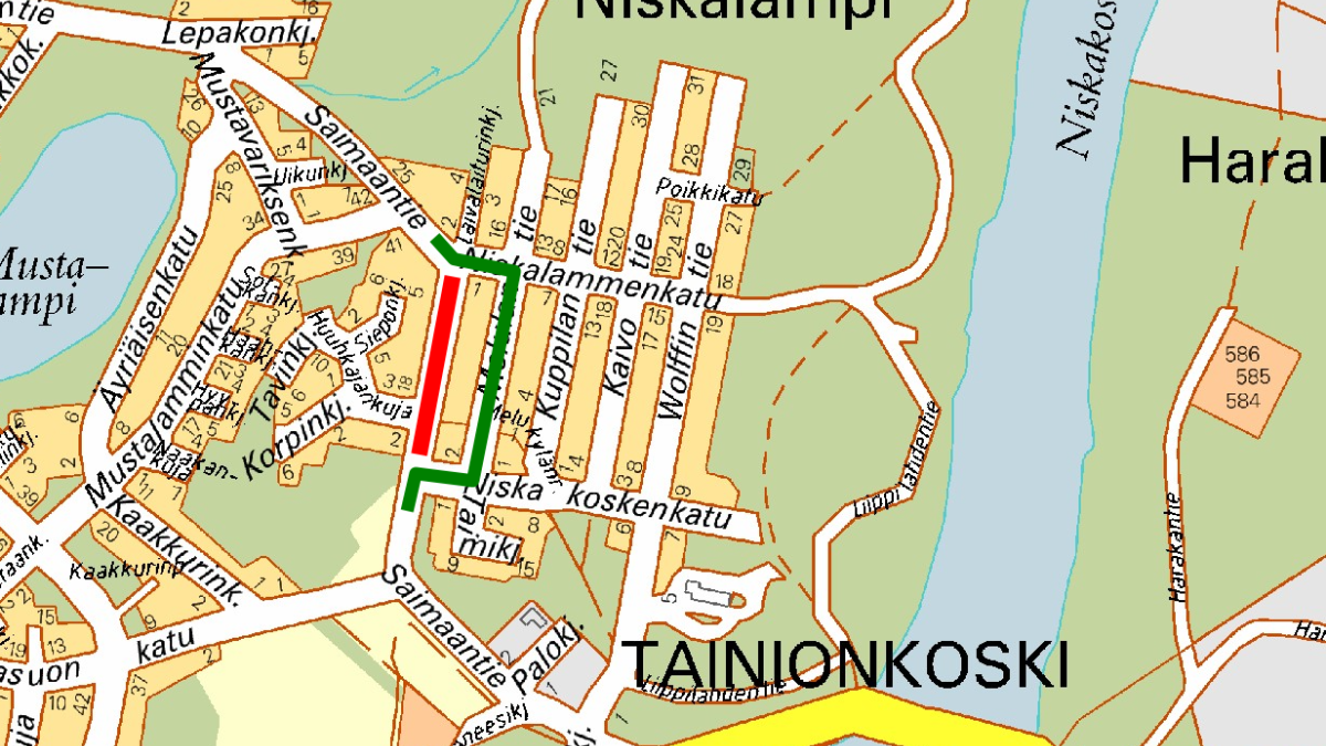 Karttakuva Imatran Saimaantien sulusta merkittynä punaisella ja kiertotie vihreällä värillä karttaan.