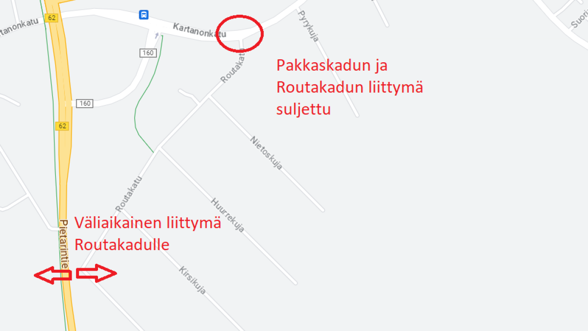 The intersection of Pakkaskatu and Routakatu will be temporarily closed. Map image.