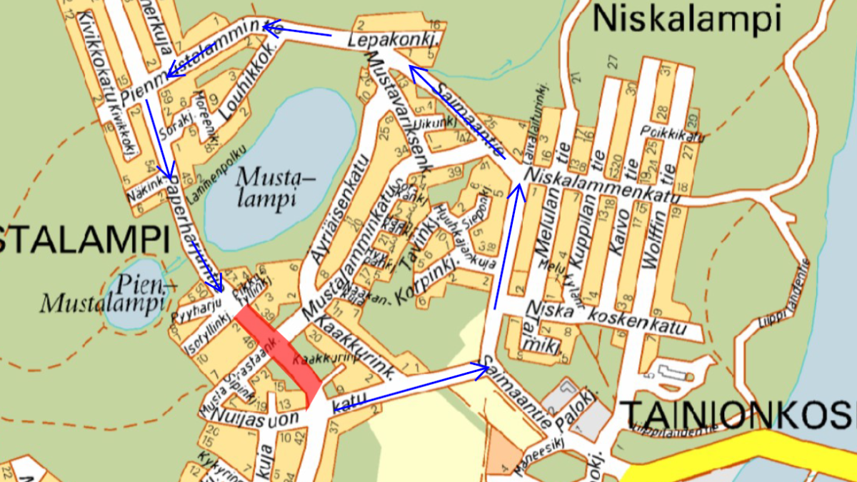 Район, отмеченный красным на карте от Paperharjuntie, будет закрыт для движения транспорта 5.6.2023 июня XNUMX года. Синие стрелки показывают объезд.