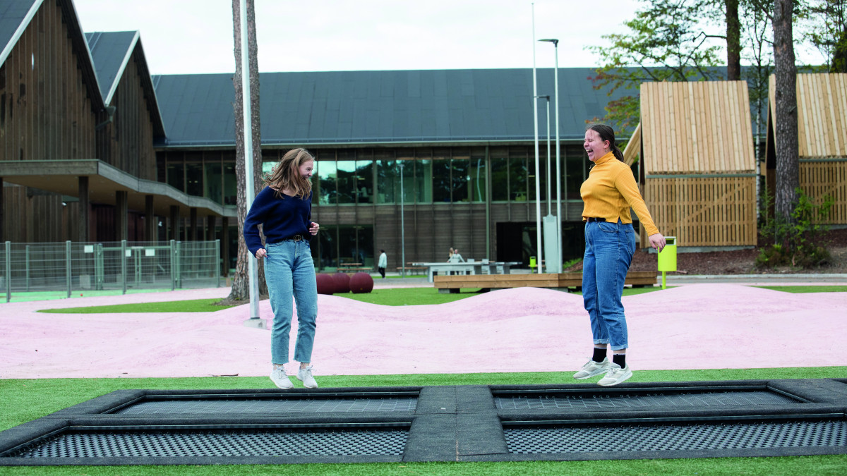Two young people are jumping on a trampoline in the schoolyard.