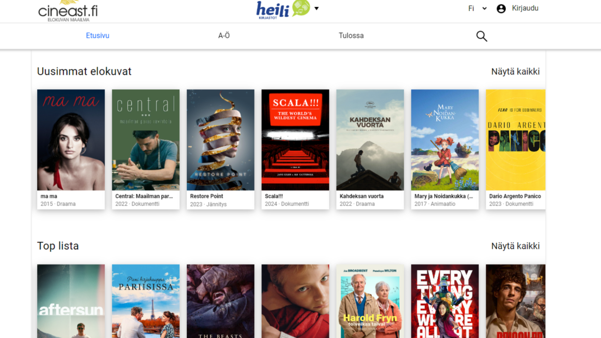 The front page of Heili libraries' Cineast service, with two rows of film cover images on top of each other.