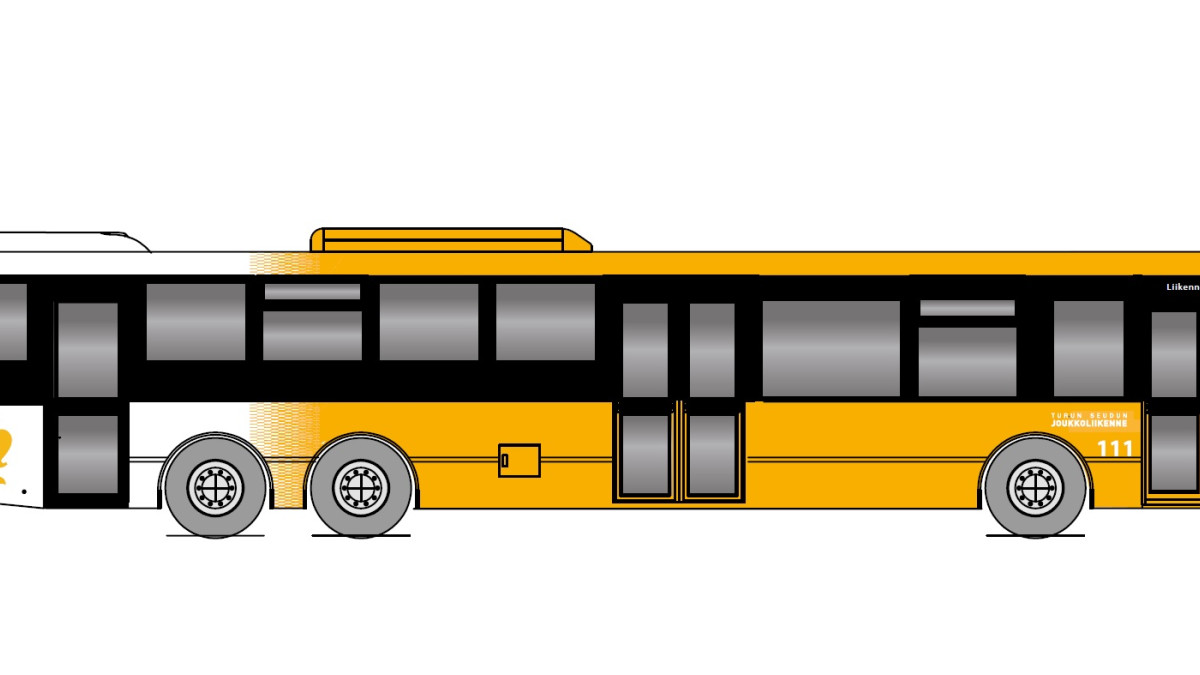 Havainnekuva bussista, jossa on keltaisia kuvioita.