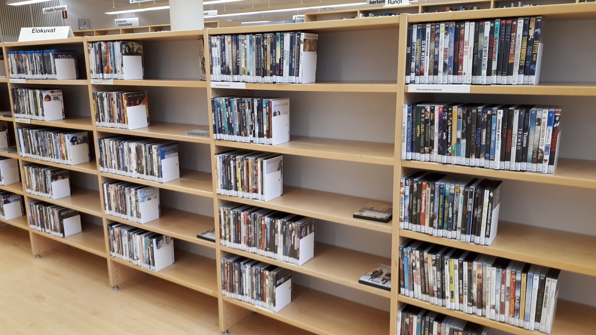 DVD movies on the shelves.
