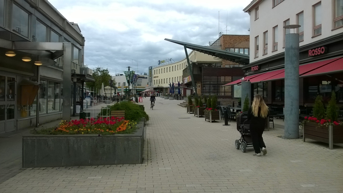 Pedestrian streetscape with plantings and shops