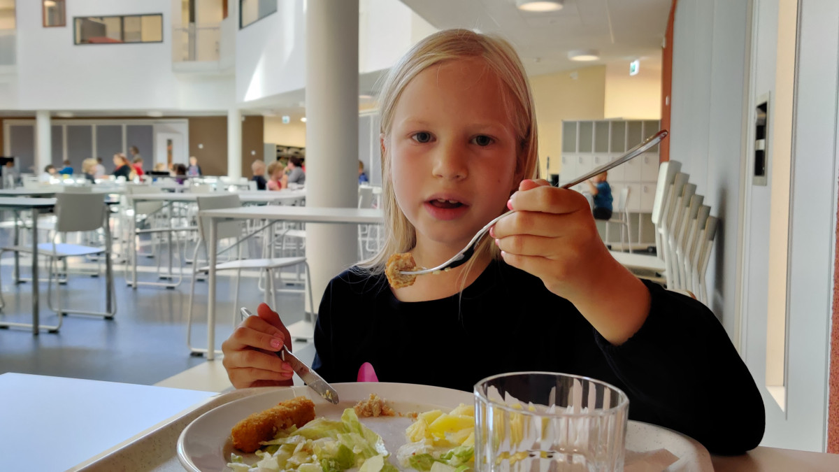 Husu syömässä kalapuikkoja Vuoksenniskan koulun ruokalassa.