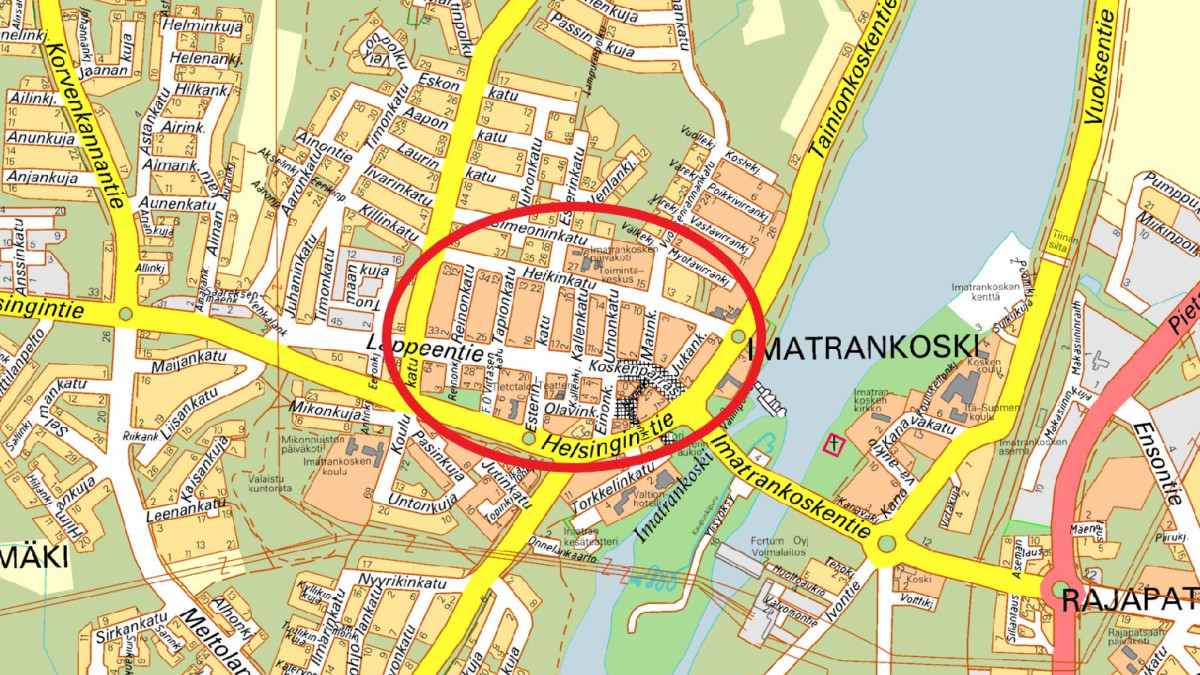 Картографическое изображение Иматранкоски и центра города, обведенное красным.