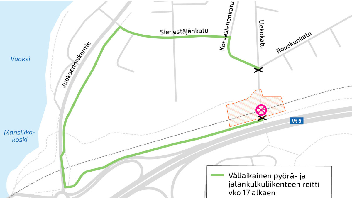 Detour due to the destruction of the Sienimäki overpass