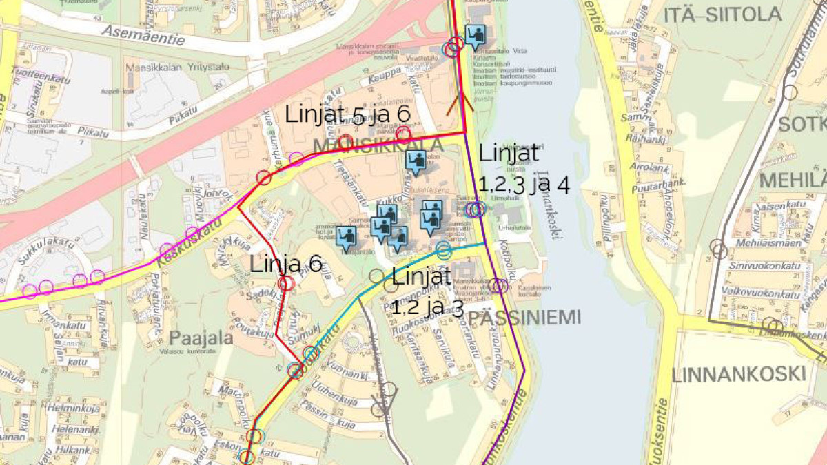 Local transport routes and stops in Mansikkala