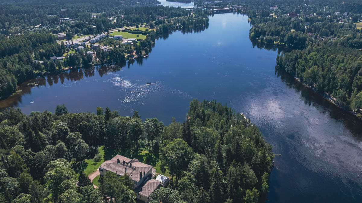 Vuoksi flowing through Imatra as an aerial view in summer in sunny weather.