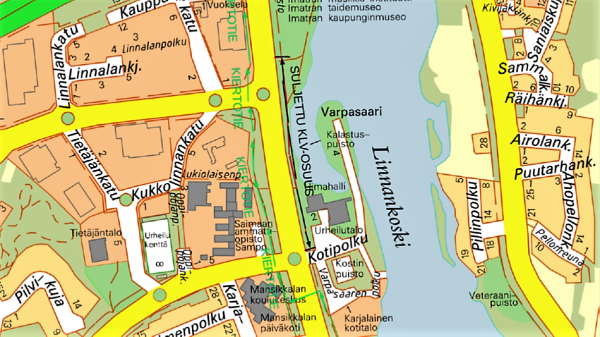 Karttakuva Imatran Mansikkalasta Tainionkoskentieltä.