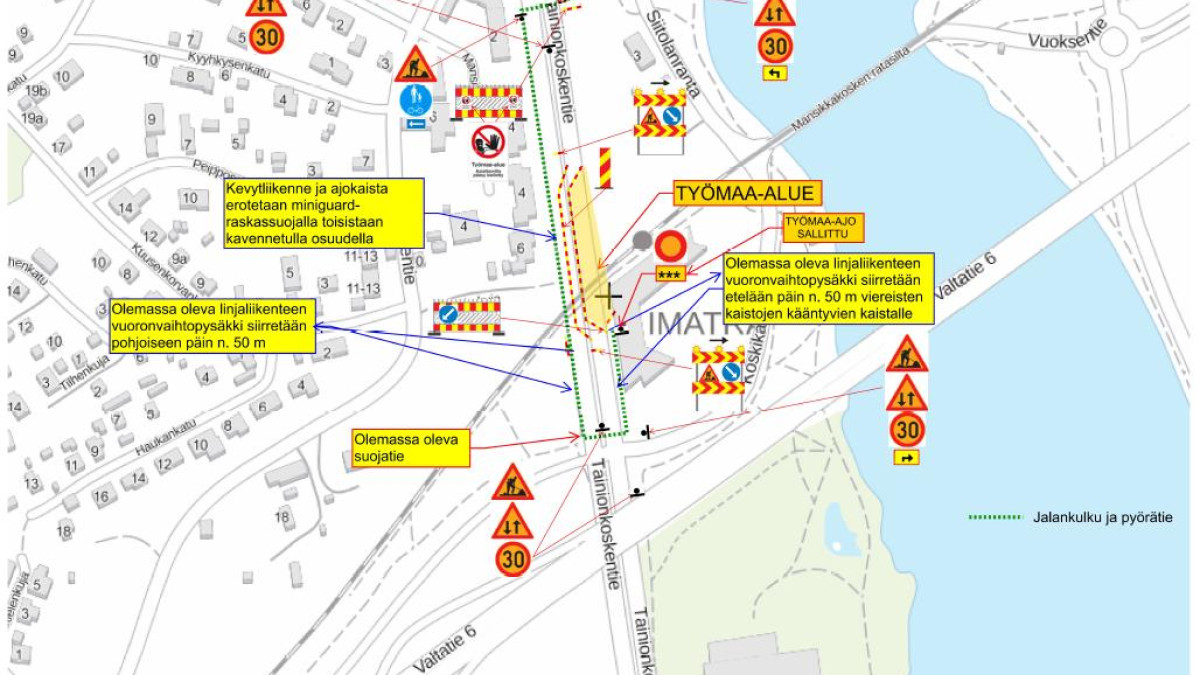 Karttakuva Tainionkoskentien muuttuvista liikennejärjestelyistä 21.12.2021 alkaen.