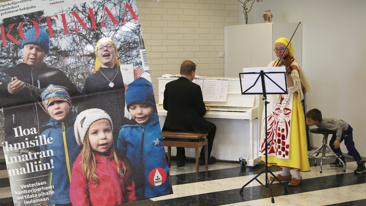 Heini Vesterinen viulussa ja Johannes pianossa sekä kotimaa-lehden kansi lisättynä kuvaan, kannessa koko perhe