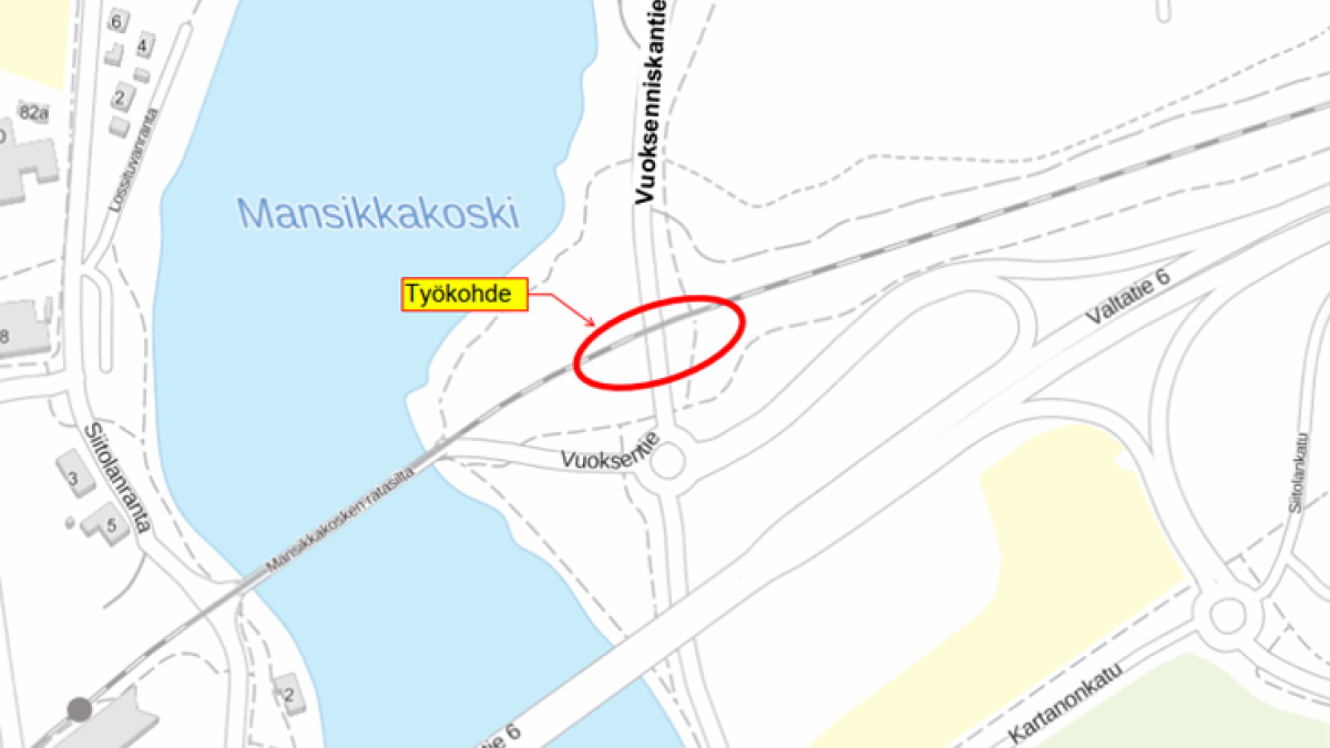 Karttakuva Vuoksenniskantien alikulkusillan kannen valutyön paikasta 22.3.2022.