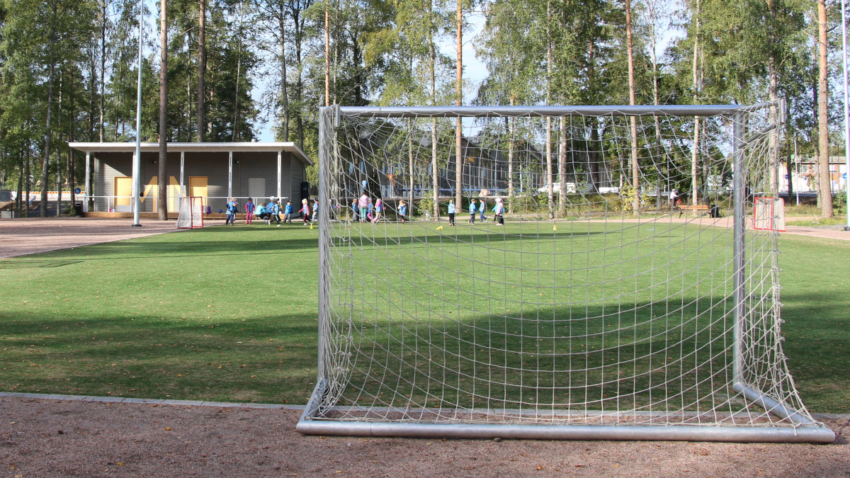 Футбольные ворота, спортивная площадка и играющие дети.