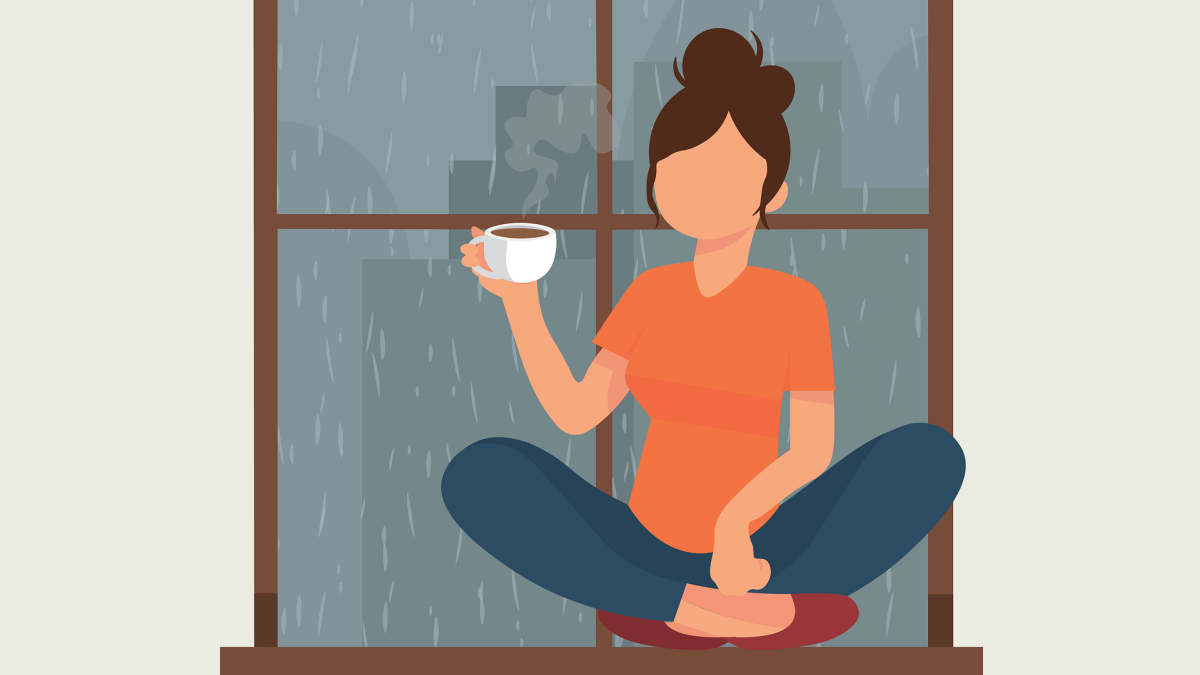 Piirroskuva, jossa nainen istuu ikkunalaudalla ja juo kahvia tai teetä. Ulkona sataa vettä.