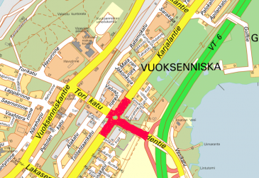 Karttakuva liikenneympyrän asfaltoinnin työmaasta punaisella merkittynä.