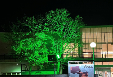 Kulttuuritalo Virran pihalla vihreäksi valaistu puu