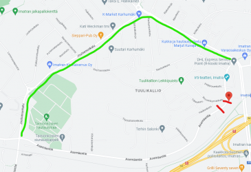 Karttakuva Imatralta, jossa punaisella Asemäentien sulku ja kiertotie vihreällä Joutsenonkadun kautta.