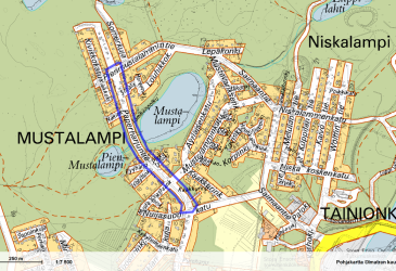 Map of the Mustalammi area of ​​Imatra, the part of Paperharjuntie to be renovated marked in blue.