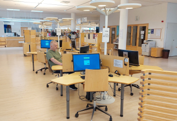 Computer tables used by library customers.
