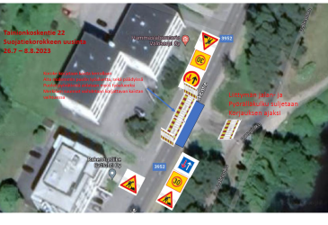 Karttakuva Tainionkoskentie 22 kohdalla olevan korotetun suojatien remontin liikennejärjestelyt.