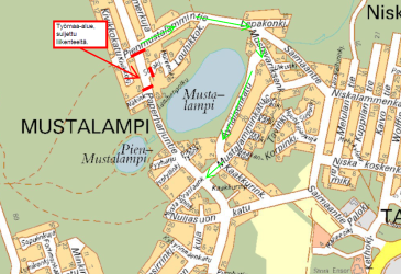 Karttakuva Imatran Paperharjuntien työmaan liikennejärjestelyistä. Punaisella merkitty sulkualue.