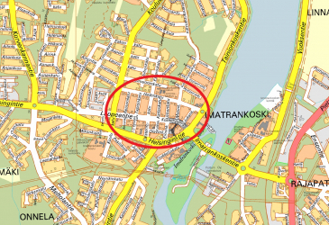 Imatrankosken karttakuva ja keskustan alue ympyröity punaisella.