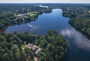 Vuoksi flowing through Imatra as an aerial view in summer in sunny weather.