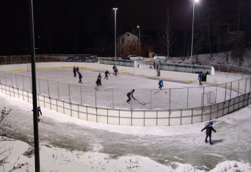 Field from above, players in the rink and skaters on the edges.