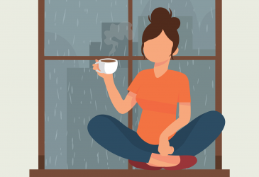 Piirroskuva, jossa nainen istuu ikkunalaudalla ja juo kahvia tai teetä. Ulkona sataa vettä.