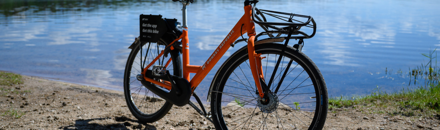 An orange city bike on a sandy beach, with a lake, forest and blue sky in the background.