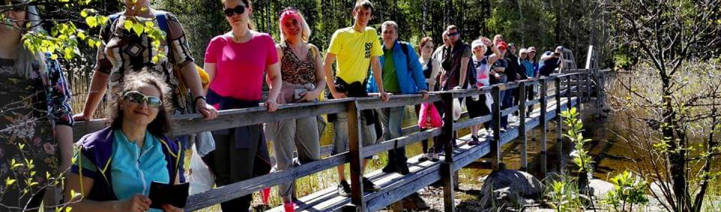 A group of hikers on a bridge