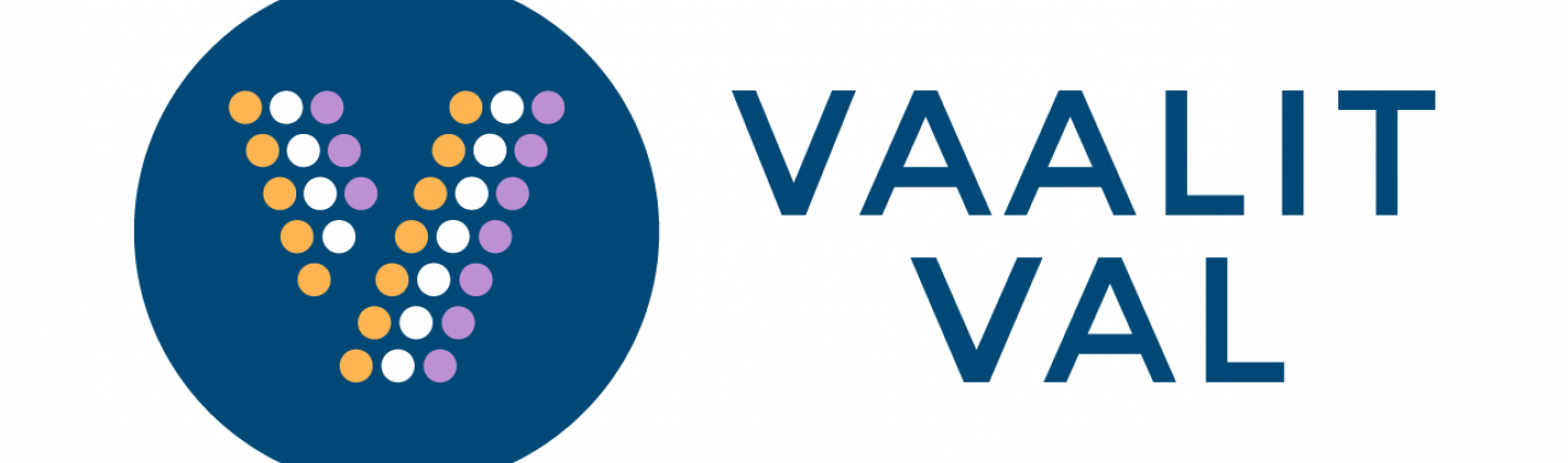 Vaalien V-kirjaimen muotoinen logo sekä teksti Vaalit ja Val.