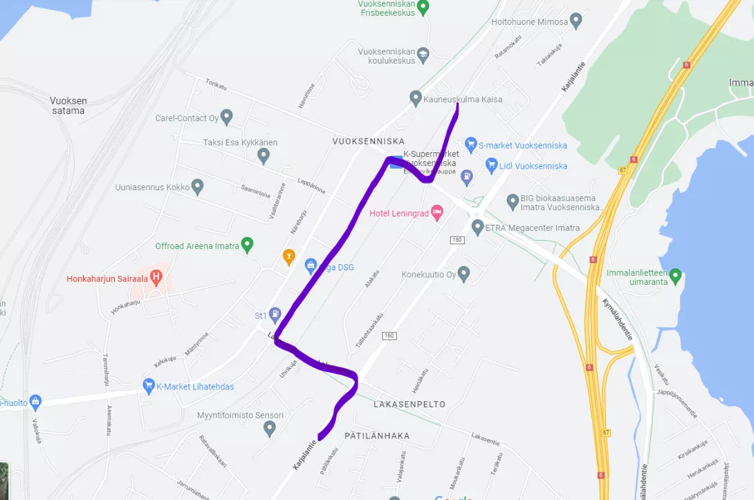 Karttakuva bussilinjojen kiertoreitistä Imatran Vuoksenniskalla 4.10.2022.