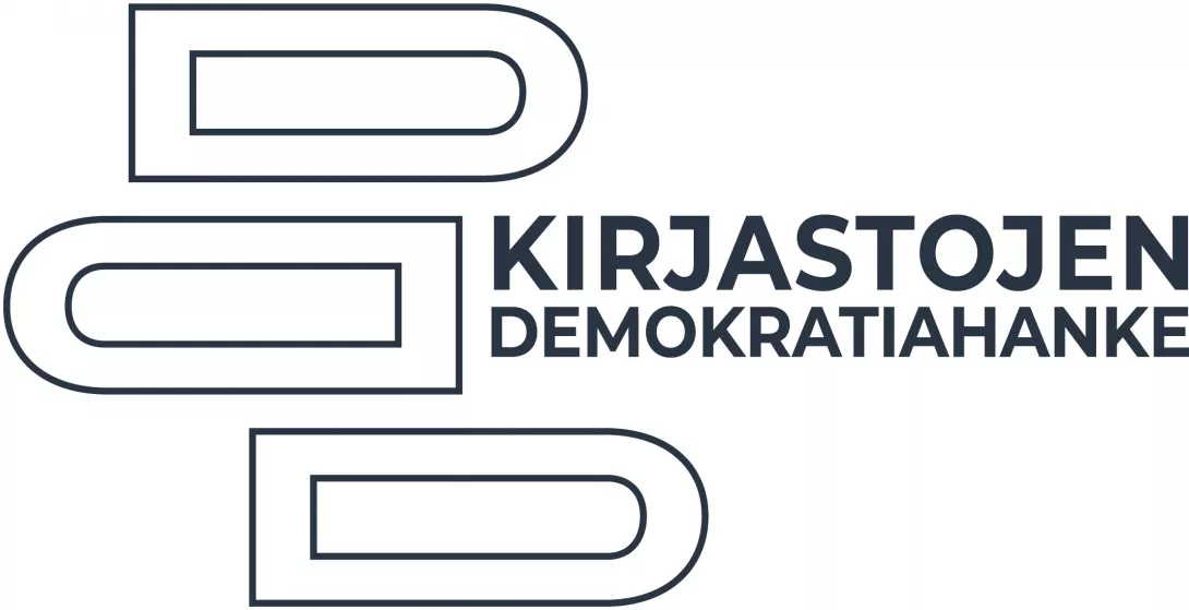 Logo, jossa lukee "Kirjastojen demokratiahanke".