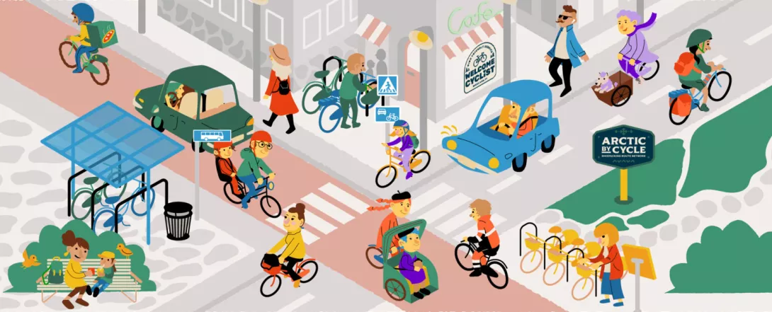 In a sketch of city traffic, there are motorists and cyclists at an intersection.