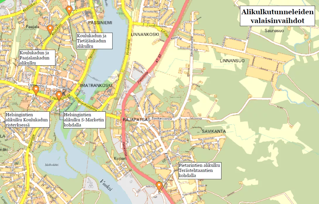 The underpass tunnels where the lamps are replaced are marked on the Imatra map.